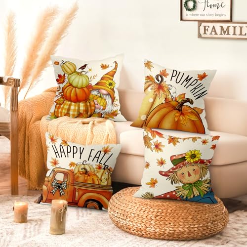 Autumn Pumpkin Gnome Throw Pillow Covers - Set of 4 (18x18)