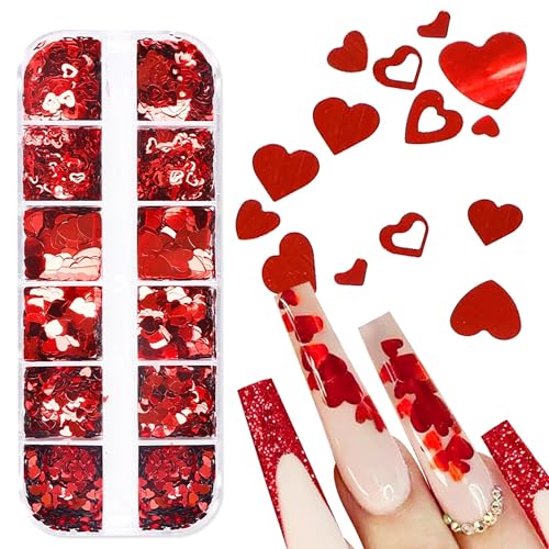 Red Heart Nail Art Sequins & Glitter Decals 12 Grids Valentine's Day