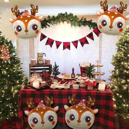 Heyiminy 4-Pack Reindeer Foil Balloons 24 Inch Deer Head Mylar Balloons for Christmas Party Decorations and Arch Kits