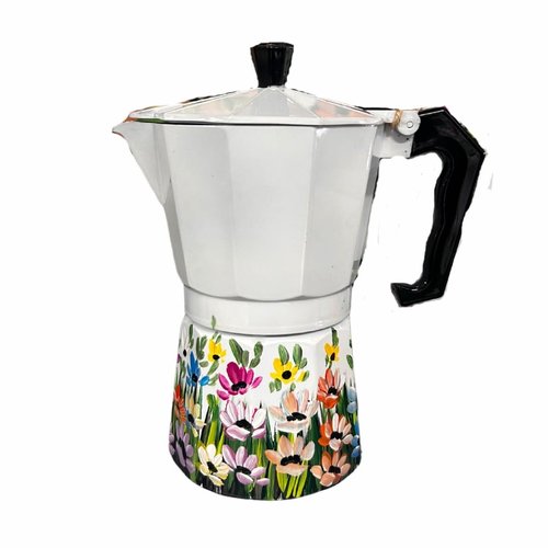 Handcrafted Dominican Aluminum Coffee Pot – 6-Cup Greca with Beach, Countryside, Cayenas, and Iconic Dominican Designs (Country woman)