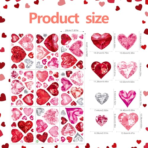 Valentine's Day Window Clings, 9 Sheets Double-Sided Diamond Heart Glass Stickers