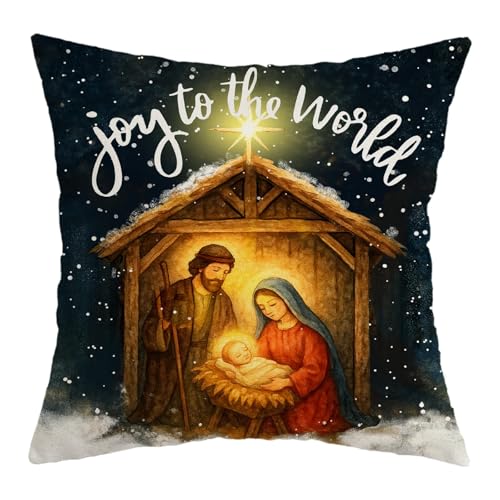 AACORS 18x18 Inch Christmas Pillow Cover Joy to The World Jesus Holiday Farmhouse Decor