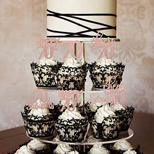 70th Birthday Rose Gold Glitter Cupcake Toppers 30 Pack