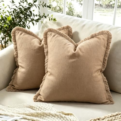 Fringe Throw Pillow Covers, 18x18 Inch Baby Brown Cotton Linen, Set of 2