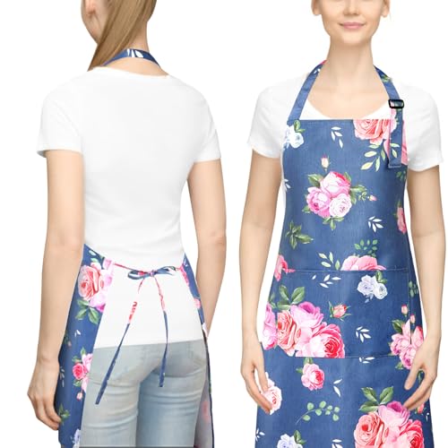 Blue Floral Apron for Women - Waterproof Cotton Canvas with Pockets