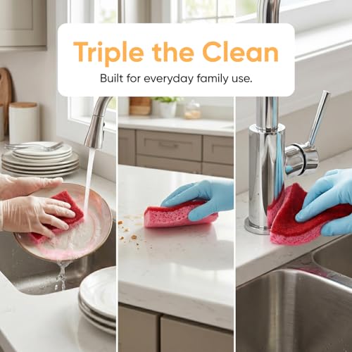 Superio 3-Pack Non-Scratch Cellulose Kitchen Sponges with Scouring Pad, Red & Pink