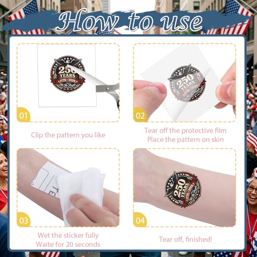 250th Anniversary Temporary Tattoos - 8 Sheets Patriotic USA Stickers
