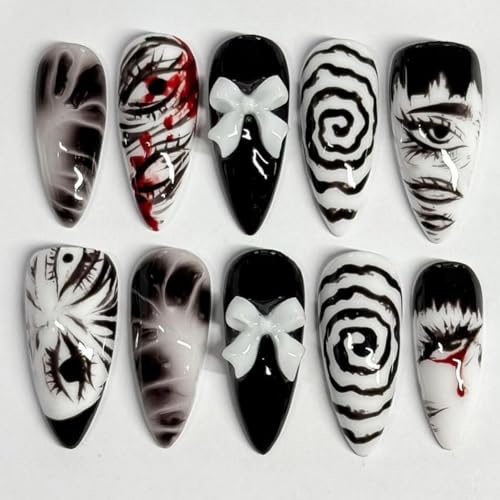 Gothic Press On Nails Medium Almond Y2K False Nails with Bow Design