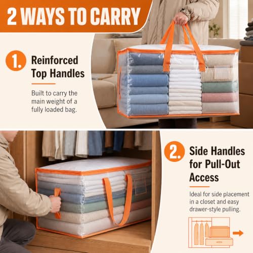 KYODOLED 2-Pack Clear & Orange Heavy Duty Large Moving Bags, 48 Gal Storage Totes