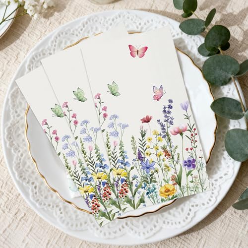 50 Floral Paper Napkins with Wildflower & Butterfly Design