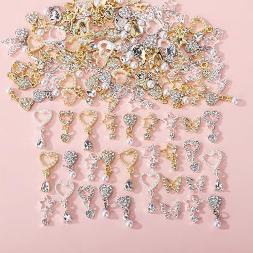 40Pcs Heart & Star Dangle Nail Charms Silver Gold Rhinestone Gems