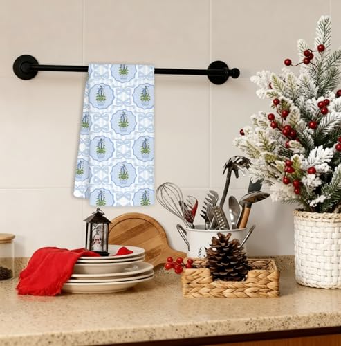 Christmas Blue Bow Tree Chinoiserie Kitchen Towels - Holiday Hand & Dish Towels