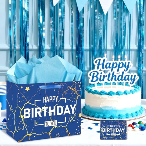 Navy Blue Birthday Gift Bag with Handle & Tissue Paper - Large