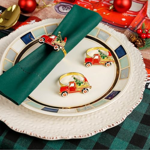 Christmas Car and Tree Napkin Rings Set of 6 - Red Truck & Gnomes Holiday Decor