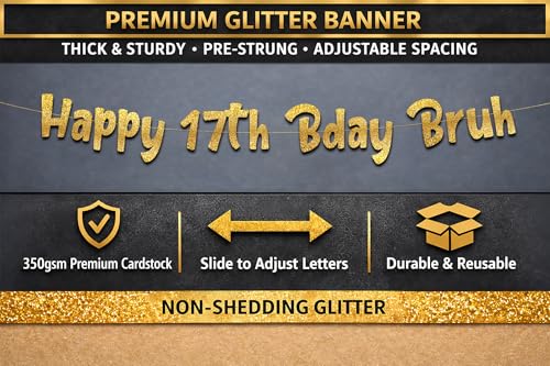 Pre-Strung Gold Glitter 17th Birthday Banner for Teens