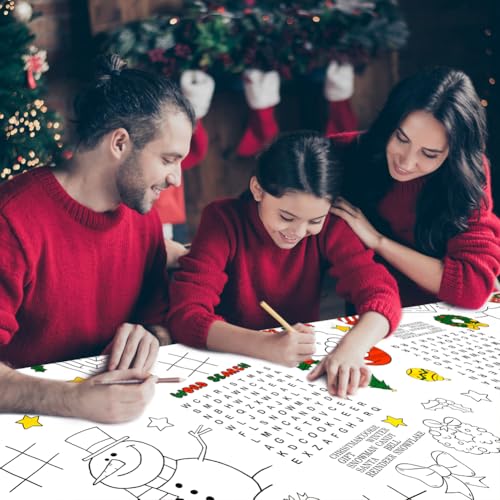 Christmas Coloring Tablecloth for Kids - Santa Snowman Maze Crafts 54x108 Inches - 1 Pack