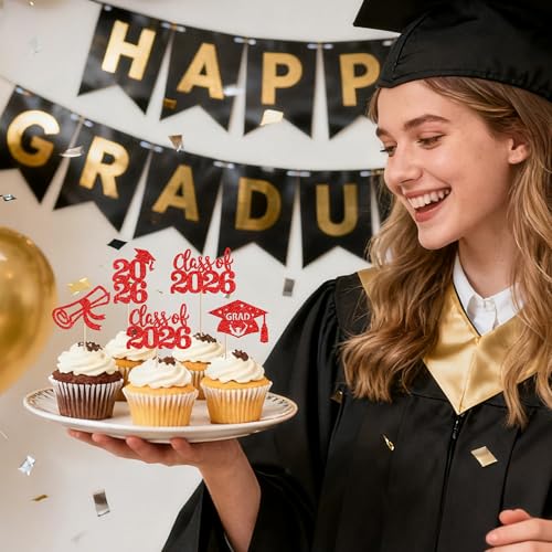 2026 Graduation Cap Cupcake Toppers - 24 PCS Glitter Decorations