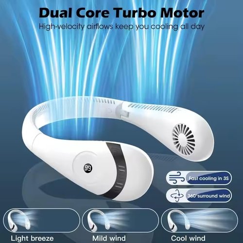 GLACIAIRE Foldable Neck Fan Rechargeable - 5000mAh Quiet Portable Bladeless Personal Air Conditioner - LED Display, 3 Speeds, USB-C Hands-Free Cooling Breeze for Women, Men, Kids - White