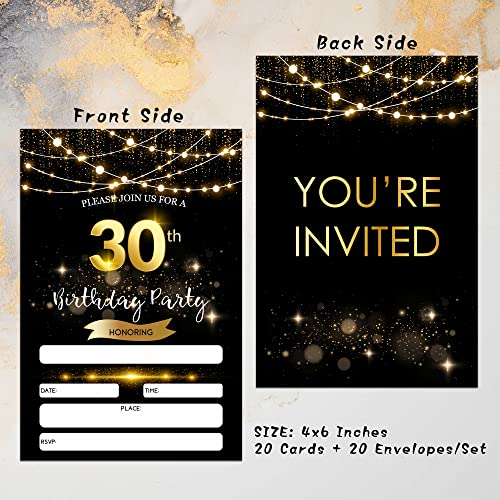 30th Birthday Party Invitations with Envelopes Black Gold 20 Pack