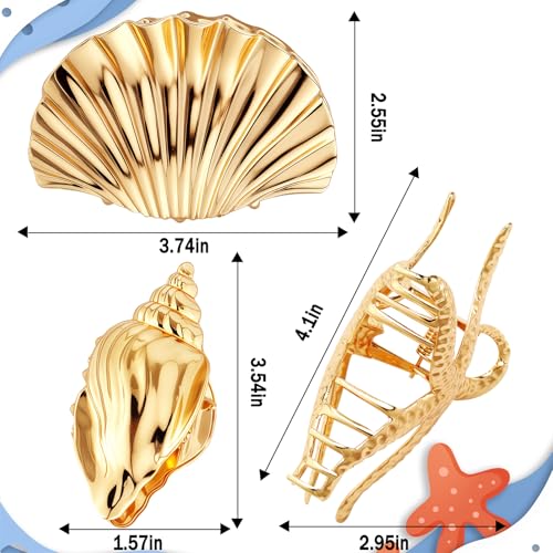 Gold Starfish & Shell Metal Hair Claw Clips 3-Pack