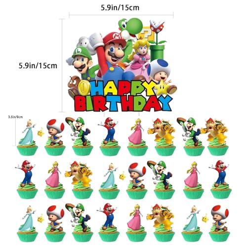 25PCS Mario Cake Toppers - Cartoon Cupcake Decorations for Parties