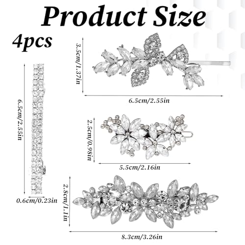 4 Pcs Silver Rhinestone Hair Clips Crystal Leaf Bridal Hair Pins