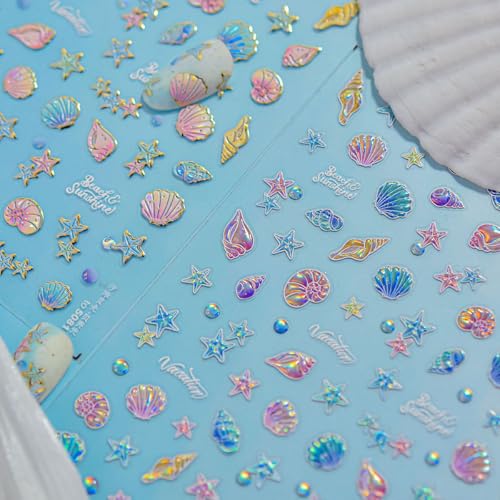 5D Embossed Marine Life Nail Stickers - Shell & Starfish Self-Adhesive Decals