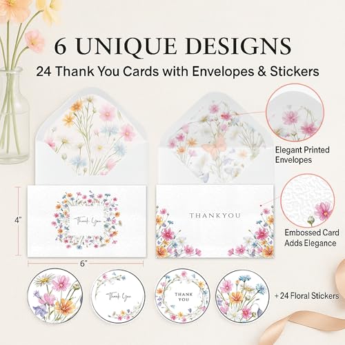 Racrico 24 Thank You Cards with Envelopes – 6 Floral Designs
