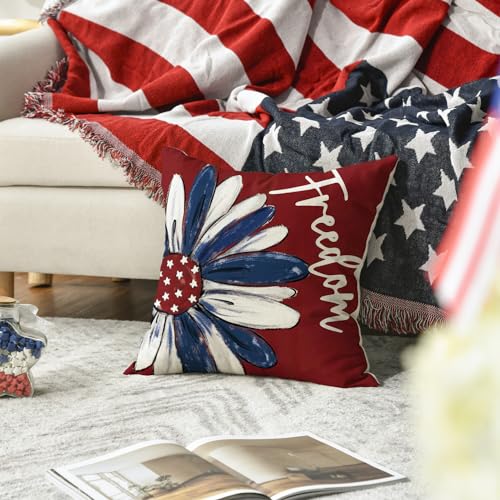 Patriotic 4th of July Throw Pillow Cover - 18x18 Inch Red Stars