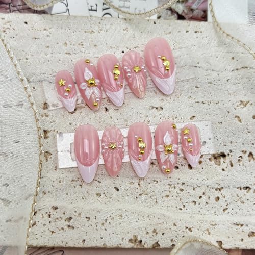 24Pcs Medium Almond Press on Nails with 3D Floral French Tip Design