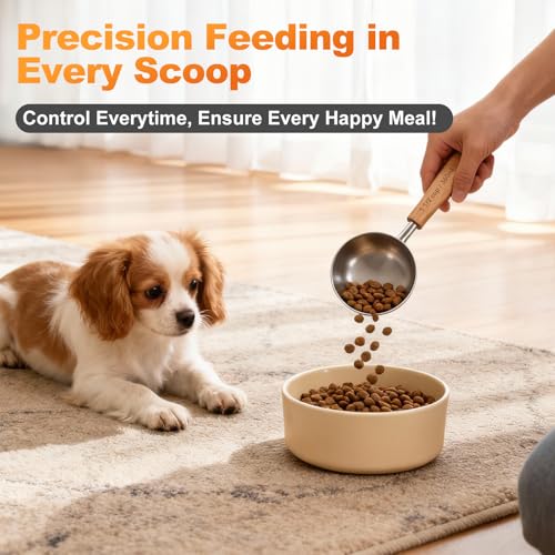 TREMENDRY 1/2 Cup Stainless Steel Pet Food Scoop with Wood Handle