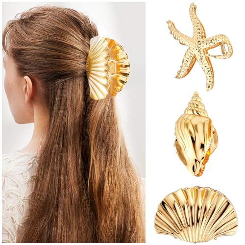 Gold Starfish & Shell Metal Hair Claw Clips 3-Pack