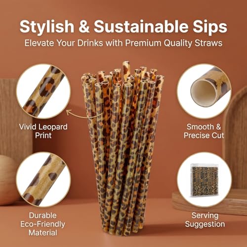 28 Pcs Reusable Leopard Print Straws with Cleaning Brushes - 9 Inch PETG