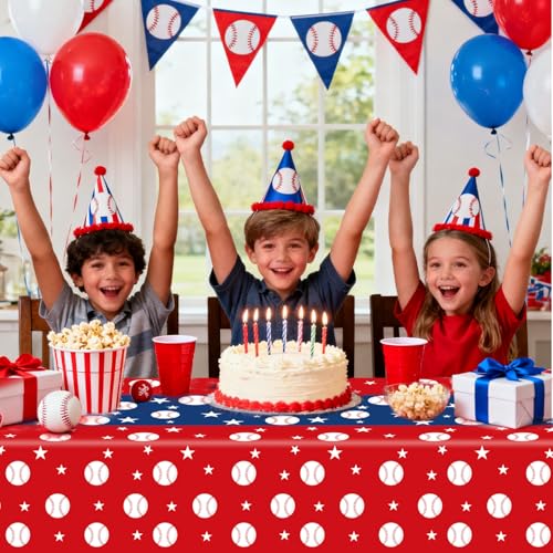 Baseball Party Tablecloths - 3-Pack Disposable Plastic Covers 54 x 108 Inch