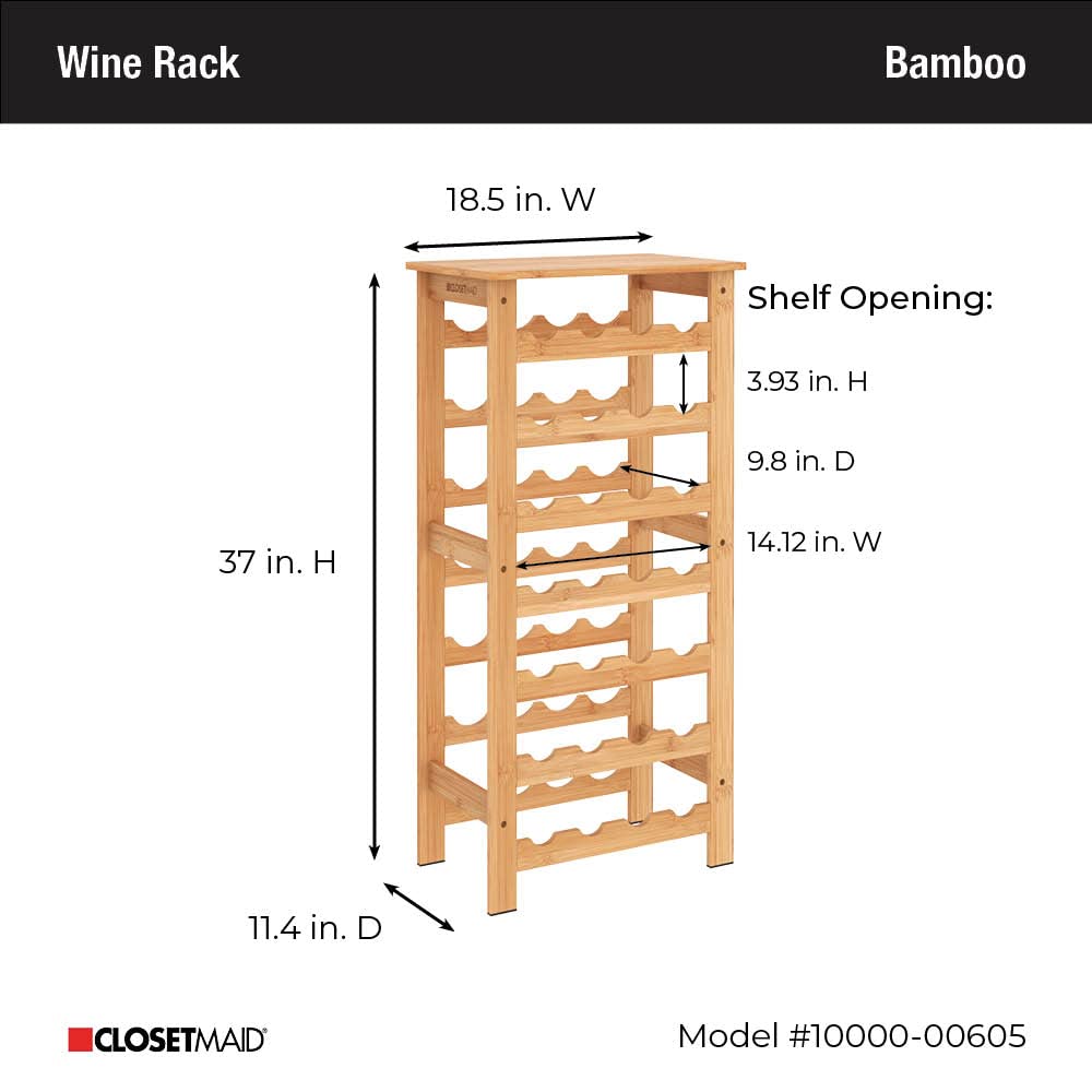 ClosetMaid 28 Bottle Standing Floor Wine Storage Rack Tower with Top Shelf, Bamboo Wood