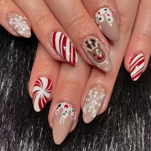 Christmas Press on Nails Medium Almond Fake Nails with Elk and Snowflake