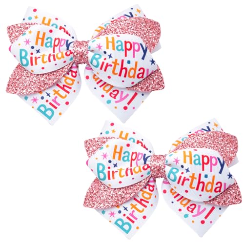 Happy Birthday Hair Bows Clip for Girls 3.54 Inch Glitter Sequin Ribbon 2PCS