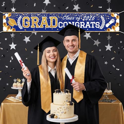 Blue Gold Graduation Banner 2026 - Large Party Decoration