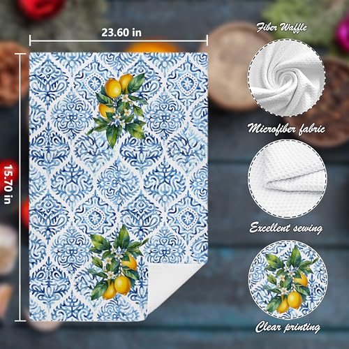 Chinoiserie Lemon Hand Towels - Set of 2, 16x24 Inch Decorative Kitchen & Bathroom Towels