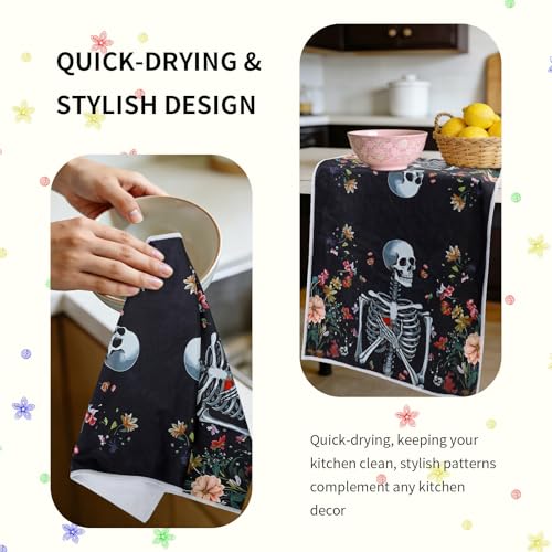 Gothic Skull Kitchen Towels 2 Pack - Cute Goth Flower Microfiber Dish Hand Towels with Hanging Loop