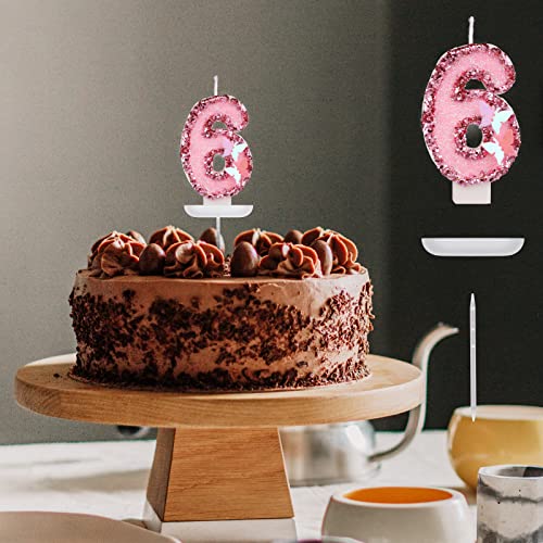 Pink Glitter Number 6 Birthday Candle with Butterfly and Sequins Cake Topper