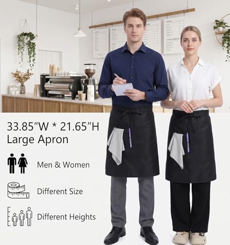 Black Waitress Server Apron with Pockets - Water Resistant Polyester