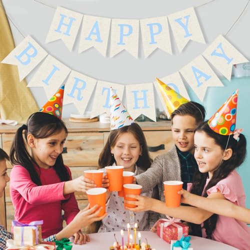 Blue Burlap Happy Birthday Banner Sign for Wall & Door Decoration - No Assembly Needed