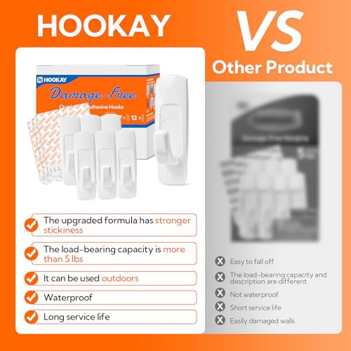 Hookay 5lbs Adhesive Wall Hooks - 7 Heavy-Duty Hooks & 12 Strips