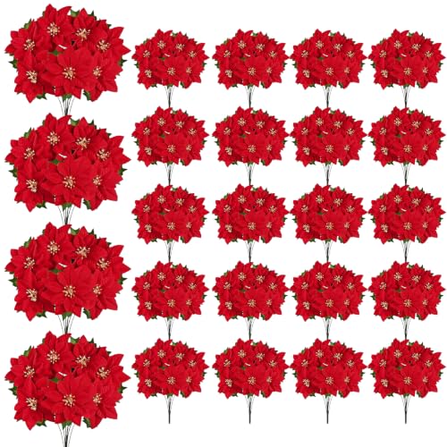Artificial Poinsettia Flowers - Red Velvet 24 Pack, 17-Inch Christmas Decor