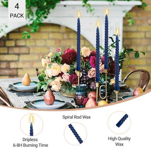 Navy Blue Spiral Taper Candles - 10 Inch, Dripless, 4 Pack