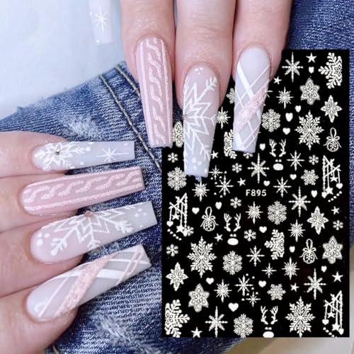 8 Sheets White Glitter Snowflake Nail Art Stickers 3D Self-Adhesive Decals