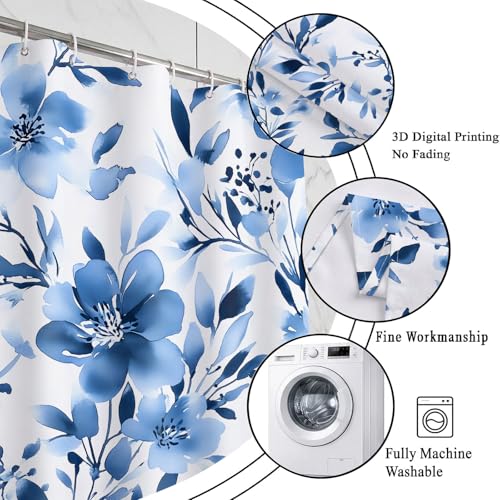 Blue Floral Shower Curtain, 72x72 Inch Watercolor Navy Botanical Bath Set