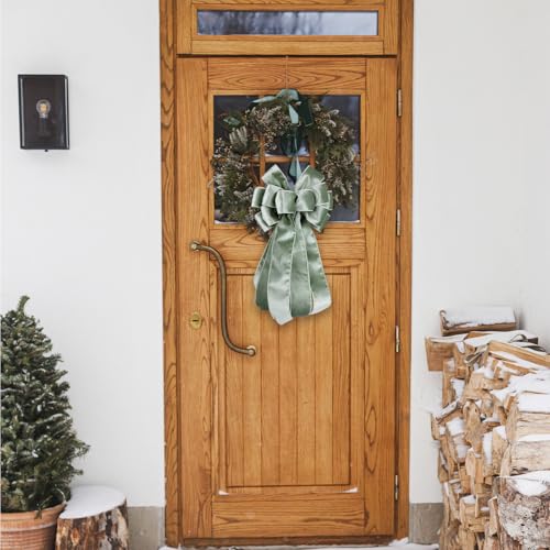 Sage Green Velvet Christmas Bow for Wreaths and Tree Decorations - 11.5x21 Inches