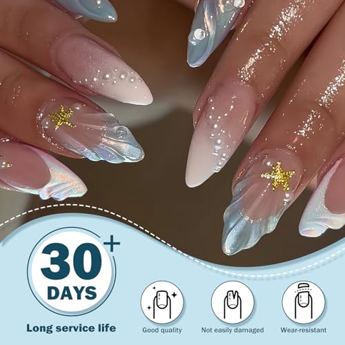 CUZIAM Blue Ocean Press on Nails Medium Almond Pearl Starfish False Nails